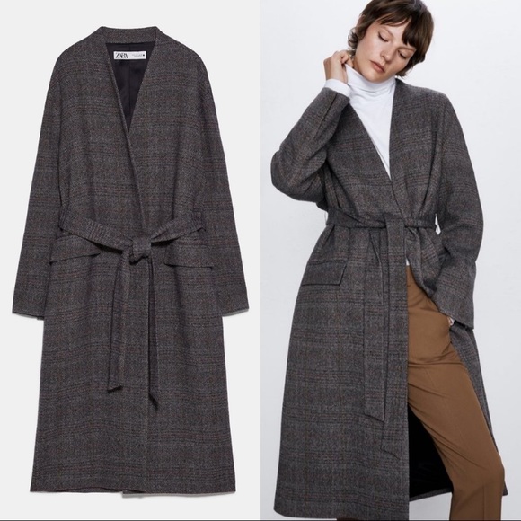 Zara Jackets & Blazers - Zara wool belted coat herringbone check print grey